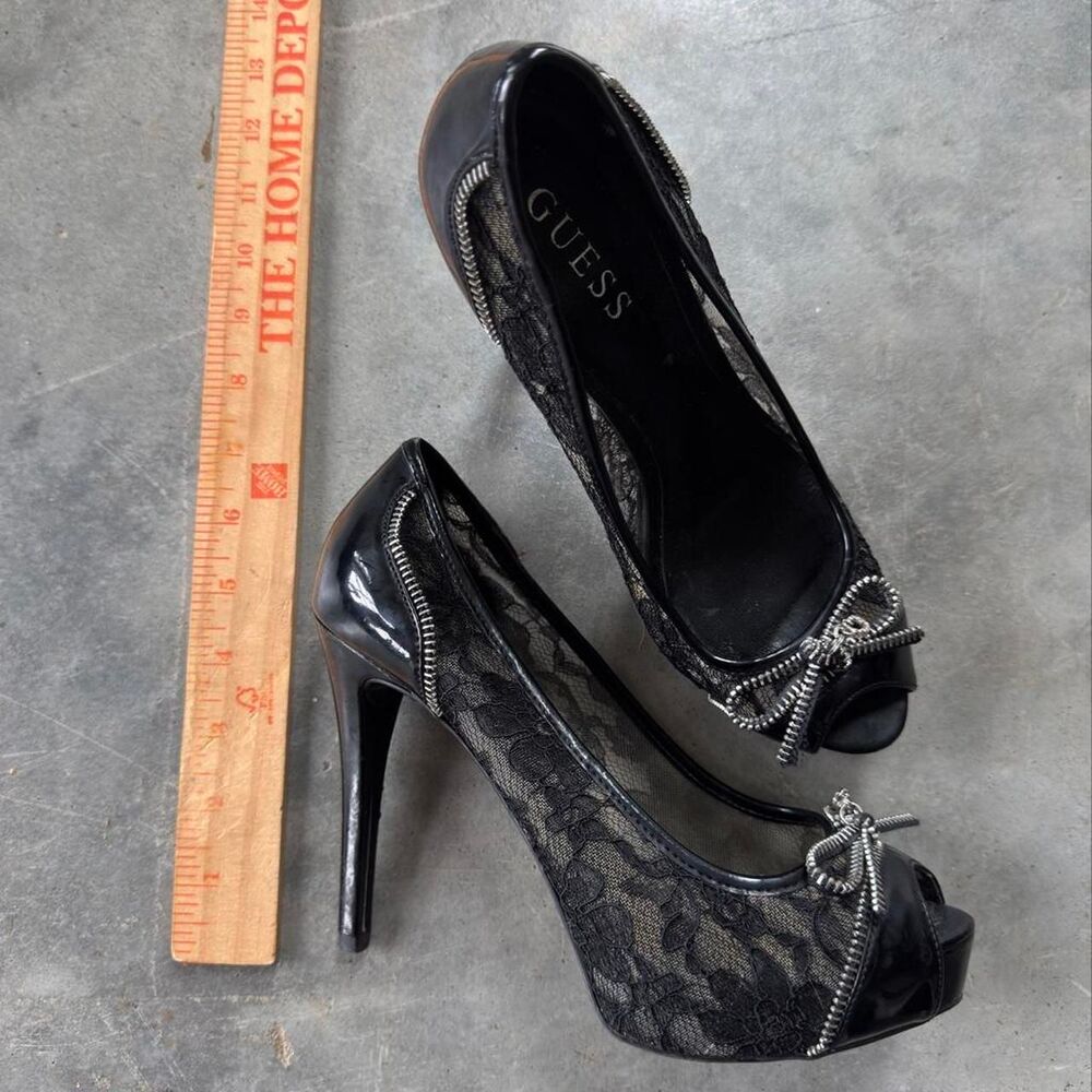Guess black lace peep toe platform heels silver bow detail 7.5 - Picture 5 of 6